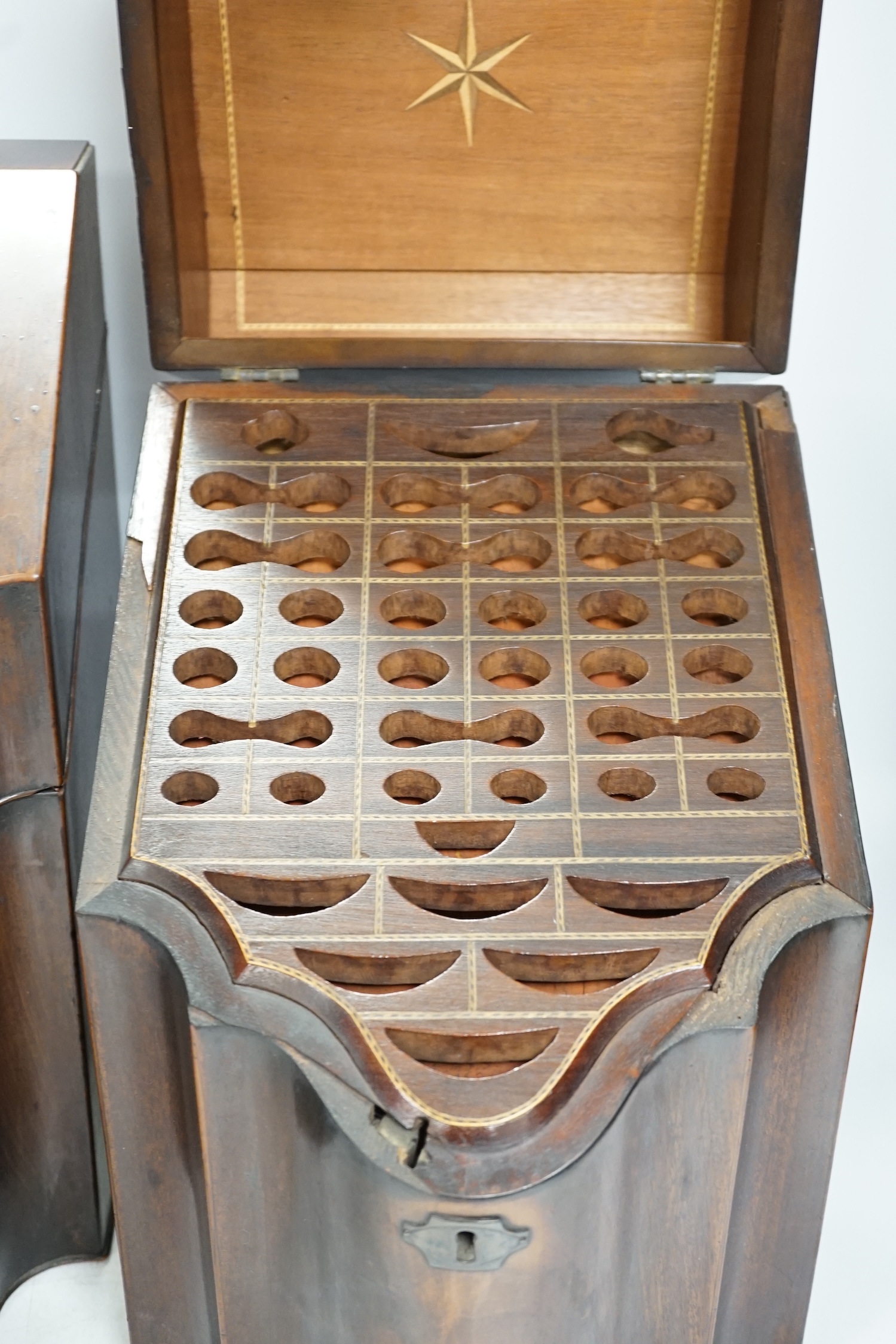 A pair of George III mahogany knife boxes, 37cm tall. Condition - poor to fair